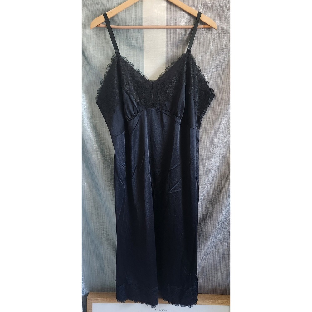 Velrose‎ Vintage Black Lace Trim Full Slip Midi Dress Size 44 Made in USA 360